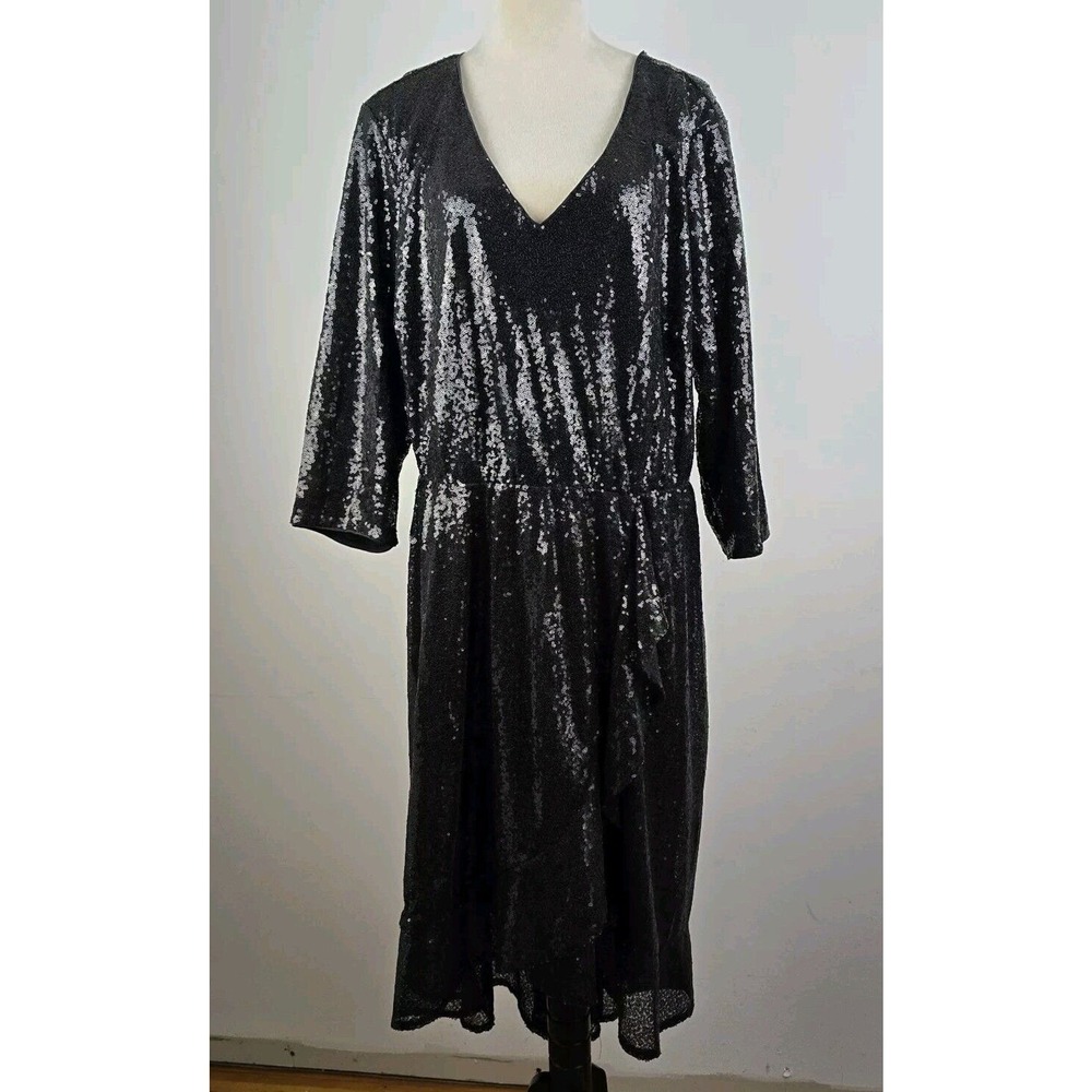 Lane Bryant Sequin Flare Faux Wrap Dress‎ 22/24 Black V-neck 3/4 Sleeve Elegant